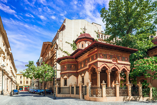 Bucharest, Romania - Stavropoleos Church, old Brancoveanu style, Romanian heritage.