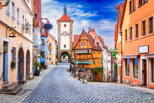 Rothenburg ob der Tauber, Germany - Beautiful postcard view of Ploenlein and Kobolzell Gate, famous historic town in Bavaria.