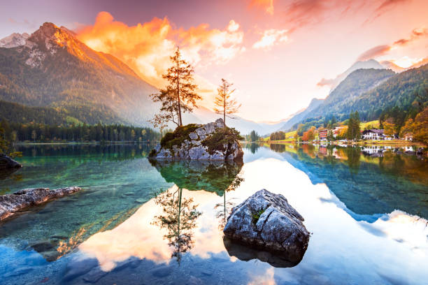 istock Hintersee Lake, Germany. Beautiful autumn sunset water reflection scene Hintersee Lake, Berchtesgaden. 1387320736