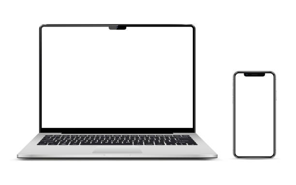 격리된 장치 모형. 빈 화면이있는 스마트 폰과 노트북. - laptop stock illustrations