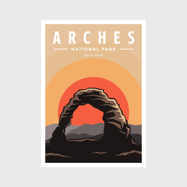 illustrazioni stock, clip art, cartoni animati e icone di tendenza di arches national park poster illustrazione vettoriale design - arches national park illustrations