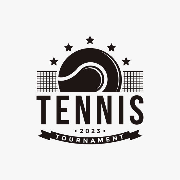 ilustrações de stock, clip art, desenhos animados e ícones de vintage tennis logo icon vector, tennis club, tournament, championship on white background - tennis serving silhouette racket