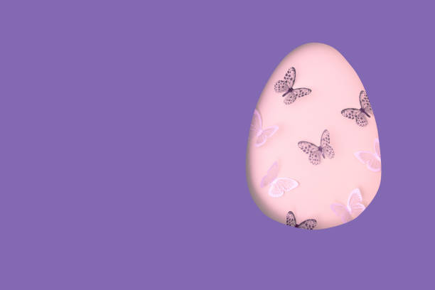 Easter egg cut out of paper and butterflies. Creative Easter holiday concept with copy space on very peri color background.