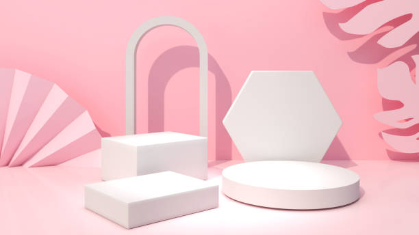 istock White circle and square mock up to place product samples. on a pastel pink background,3d rendering 1387323265