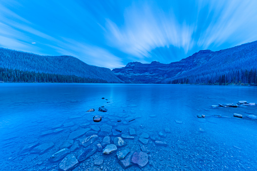 Cameron Lake at dusk in Waterton National Park located in Alberta Canada