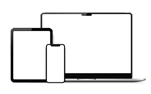 Modern laptop computer with smartphone and tablet. Vector illustration.