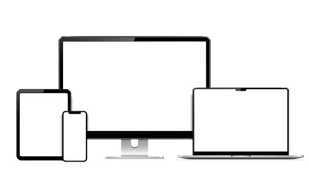 ilustrações de stock, clip art, desenhos animados e ícones de realistic monitor computer, laptop, tablet, smartphone. modern digital devices. - computer