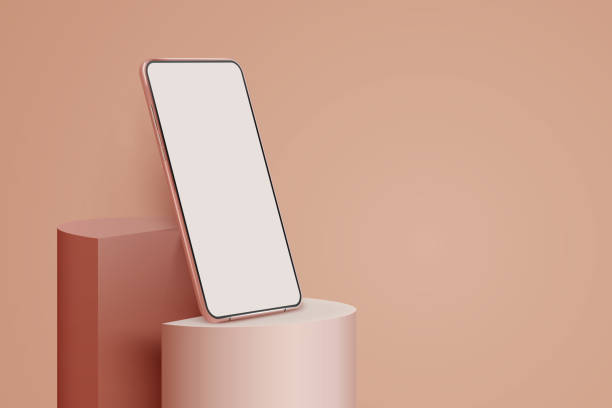 istock Realistic smartphone mockup on podium. 3d mobile phone with blank screen. Modern cell phone template on light background. Illustration of device 3d screen 1387325537