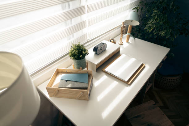 High angle view of cozy and modern small home office