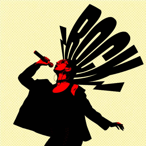 Drawn design. Creative artwork. Young expressive woman singing in microphone isolated on yellow background. Rock concert. Music lover. Concept of party, freedom, expression, emotions, music, fashion