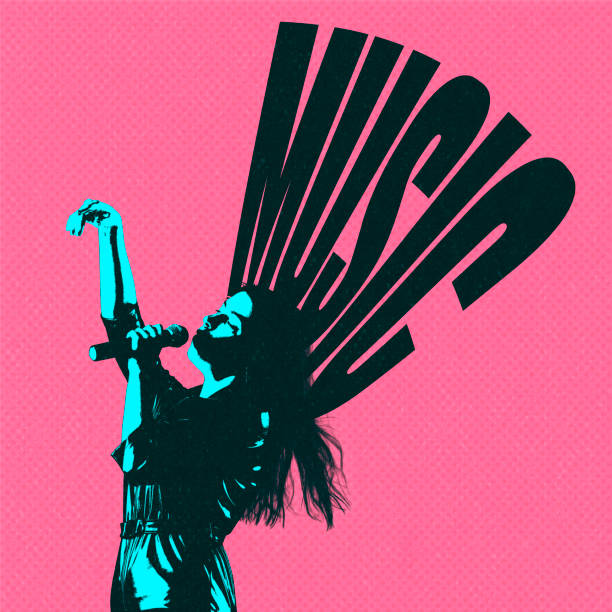 Pop art design. Modern artwork. Young expressive woman singing, performing isolated over pink background. Youth culture. Concept of party, freedom, expression, emotions, music, fashion, ad