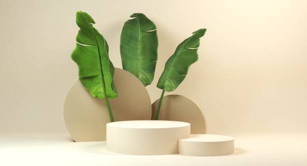 istock Minimal modern product display on beige background with podium with palm leaves, 3d rendering 1387327550