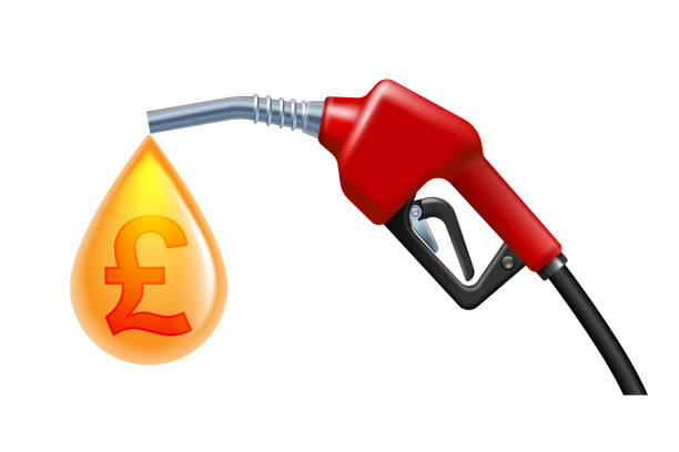 Gas fuel pump with yellow drop and symbol of British pound Gas fuel pump with yellow drop and symbol of British pound inside. Vector illustration isolated on white background british falling pounds stock illustrations