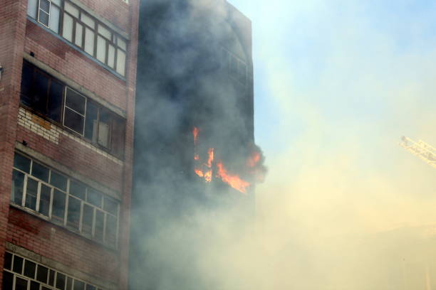 Fire in a high-rise building in the summer.