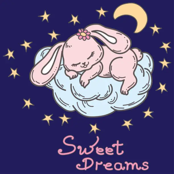 Vector illustration of Cute rabbit sleeps on a cloud hand drawn on the theme of sleep doodle