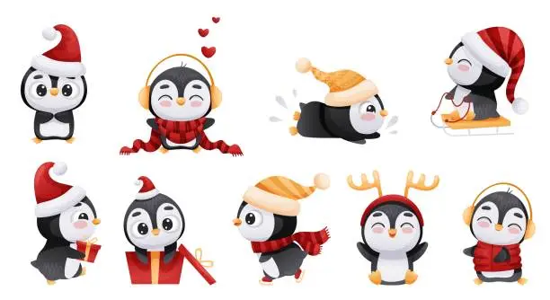 Vector illustration of Cute Christmas penguins set. Adorable funny baby bird cartoon character in winter leisure activities vector illustration