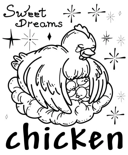 Vector illustration of Cute chicken sleeps on a cloud hand drawn on the theme of sleep doodle