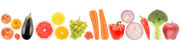 흰색으로 분리된 다양한 건강한 과일과 채소 - onion carrot vegetable reflection 뉴스 사진 이미지