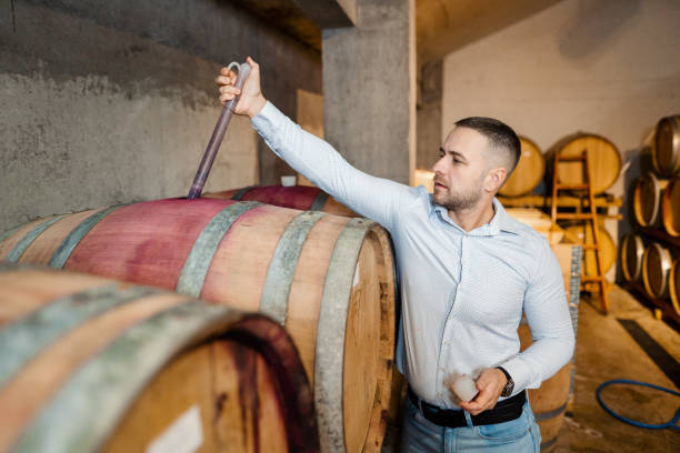 Vintner taking sample of red wine in wine cellar Vintner taking sample of red wine in wine cellar wine producer stock pictures, royalty-free photos & images