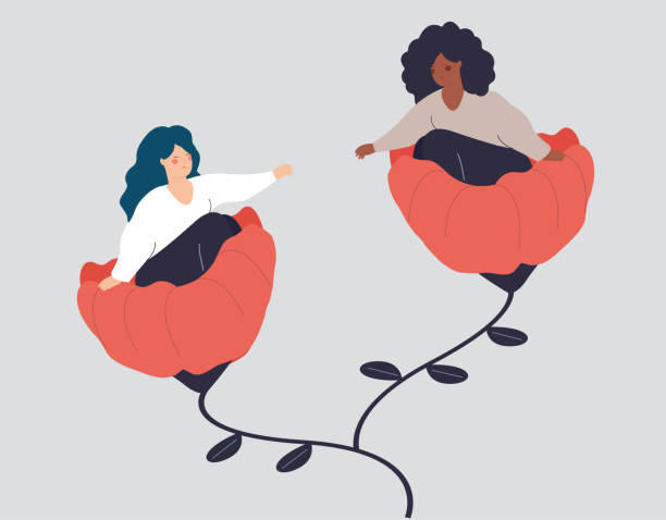 Girl extends a helping hand to her girlfriend. Black woman supports and cares her adolescent friend with mental health disorders. Empathy, relationships and breakup concept. Girl extends a helping hand to her girlfriend. Black woman supports and cares her adolescent friend with mental health disorders or psychological problems. Empathy, relationships and breakup concept. woman comforting depressed friend stock illustrations