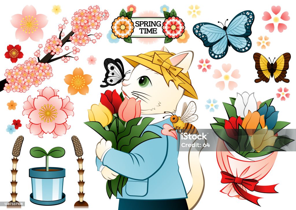猫のイラスト 春のデザイン「SPRING TIME」チューリップ、蝶、蜂、桜、つくし、もやし、花束 - イラストレーションのロイヤリティフリーベクトルアート