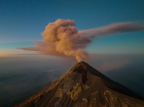 Scenic aerial  view of eruption of Fuego volcano in Guatemala