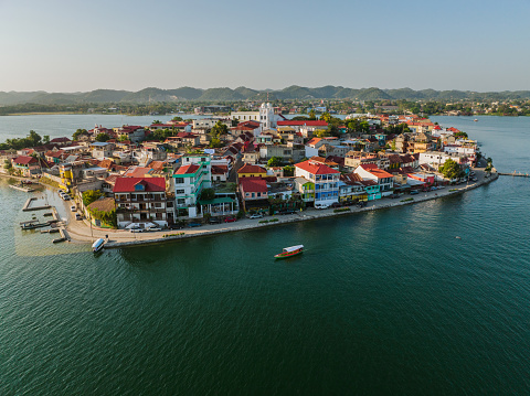 Scenic aerial  view of  boat near the Flores island in Guatemala