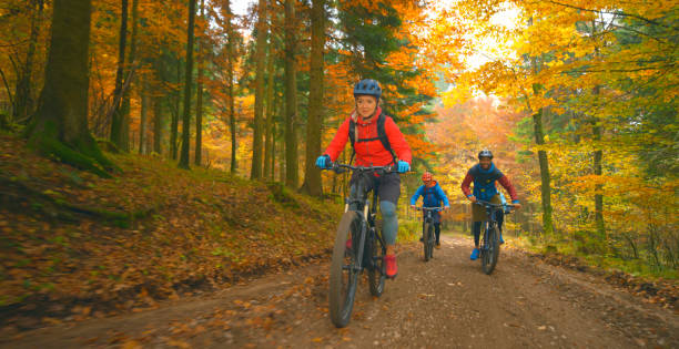 istock Young friends mountain biking in autumn forest 1387338290