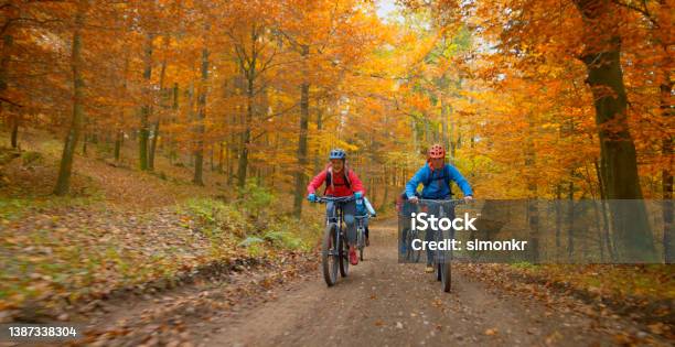 Young Friends Mountain Biking In Autumn Forest Stock Photo - Download Image Now - Autumn, Cycling, Autumn Leaf Color