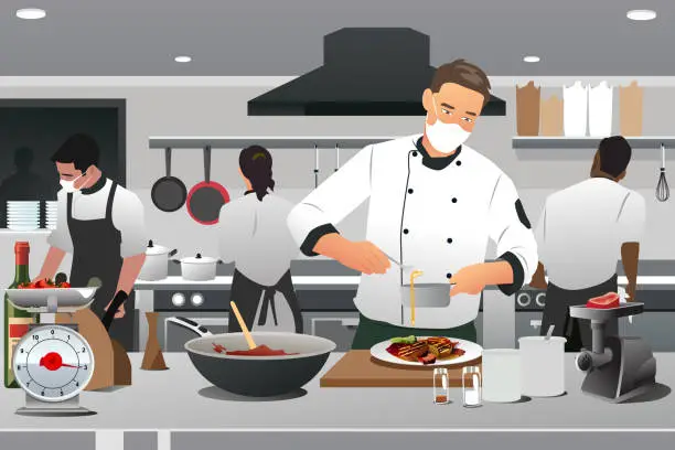 Vector illustration of Professional Chef Wearing Masks in the Kitchen Vector Illustratoin