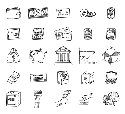 Bank and Finance Doodles set. Vector illustration.