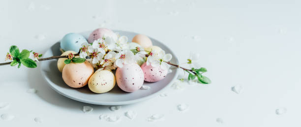 istock Colored Easter eggs and blooming tree branch on the gray plate with flower petals on the white table. Happy Easter and springtime wide banner. Minimalism and simplicity. Selective focus. Copy space. 1387339987