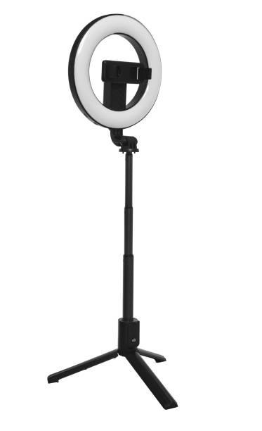 istock Selfie ring lamp with tripod, isolated on white background 1387341750