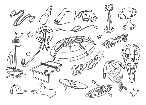 illustrazioni stock, clip art, cartoni animati e icone di tendenza di sport e stile di vita attivo doodles set - silhouette kayaking kayak action