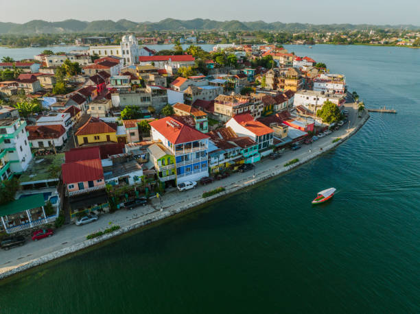 Aerial view of boat near the Flores island in Guatemala Scenic aerial view of boat near the Flores island in Guatemala guatemala landscape stock pictures, royalty-free photos & images