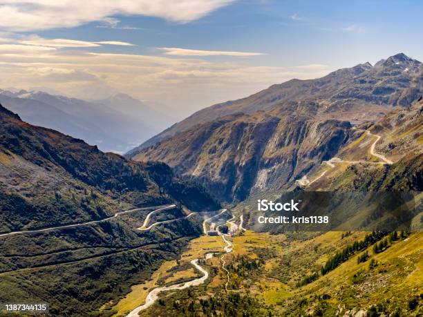 Scenic View Of Furka Pass Stock Photo - Download Image Now - Furka Pass, Aerial View, Winding Road
