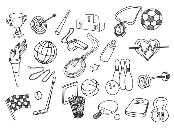 Sport and Active Lifestyle Doodles Set Sport and Active lifestyle doodles set. Vector illustration. heart shaped basketball stock illustrations
