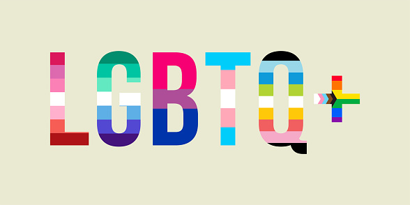 LGBTQ+ word banner vector illustration isolated on white background. Typography with L Lesbian flag, G Gay Pride flag, B Bisexual flag, T Transgender community pride, Q Queer. Gay parade symbol