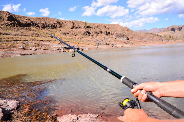 istock Fishing with rod on lake 1387346749