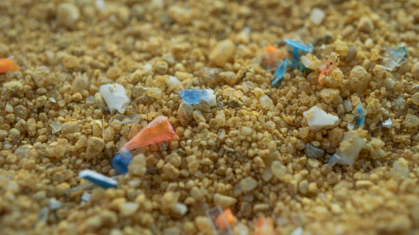 Microplastics in the sand on the beach. Concept of global warming and climate change. stock photo