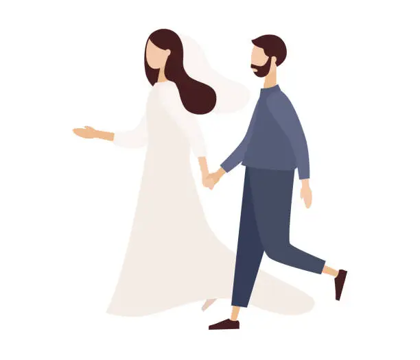 Vector illustration of Wedding couple holding hands and walking. Man and woman relationship. Wedding, love and relationship concept. Vector flat illustration