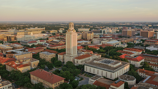 Aerial view of University Of Texas At Austin against sky at sunset, Austin, Texas, USA.