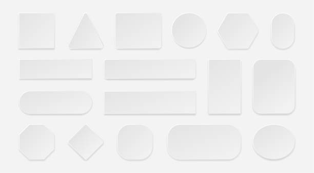 ilustrações de stock, clip art, desenhos animados e ícones de white 3d button. realistic square rectangular and round empty web button mockup, grey tag and bar graphic. vector plastic shape and sticker set - shape rectangle chrome interface icons