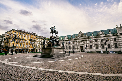 Side View Of San Carlo Square and Monument to Emmanuel Philibert In Turin, Italy