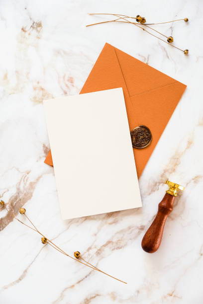 istock Modern greeting card with wedding stationery on marble background. Autumn style. 1387352194