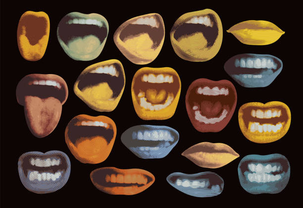 vector set of colored stickers with human mouths vector art illustration