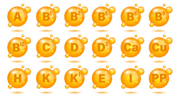 satz von multivitamin-komplex-symbolen. multivitaminpräparat. a, b gruppe b1, b2, b3, b5, b6, b9, b12, c, d, d3, e, k, h, k1, pp. essentieller vitaminkomplex. gesundes lebenskonzept - capsule vitamin pill letter k medicine stock-grafiken, -clipart, -cartoons und -symbole