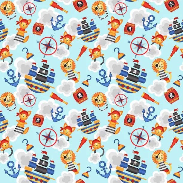 Vector illustration of Seamless pattern on the theme of pirates. Vector pattern.