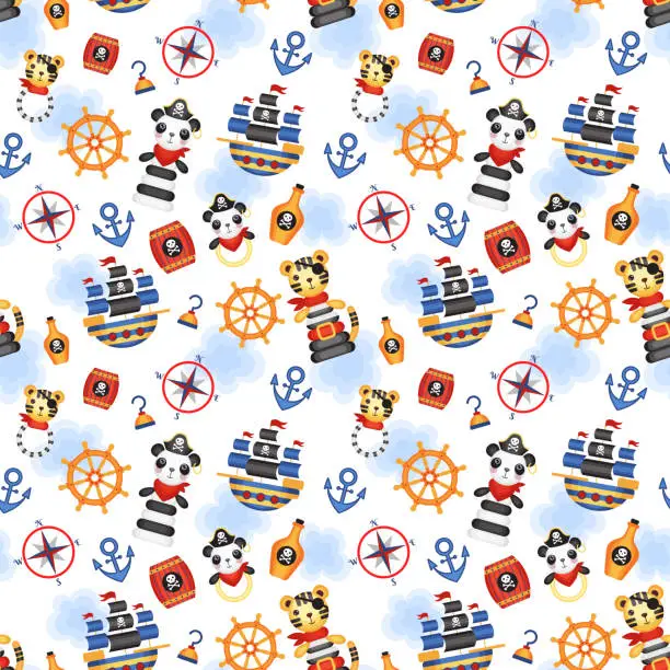 Vector illustration of Seamless pattern on the theme of pirates. Children's vector pattern.