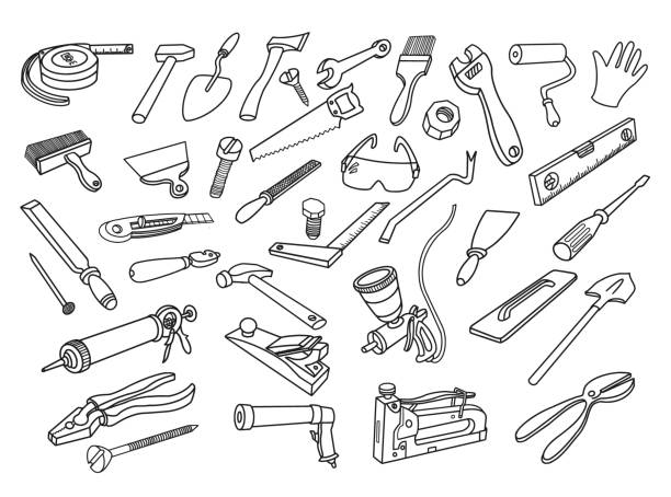 ilustrações de stock, clip art, desenhos animados e ícones de tools doodles set - adjustable wrench illustrations